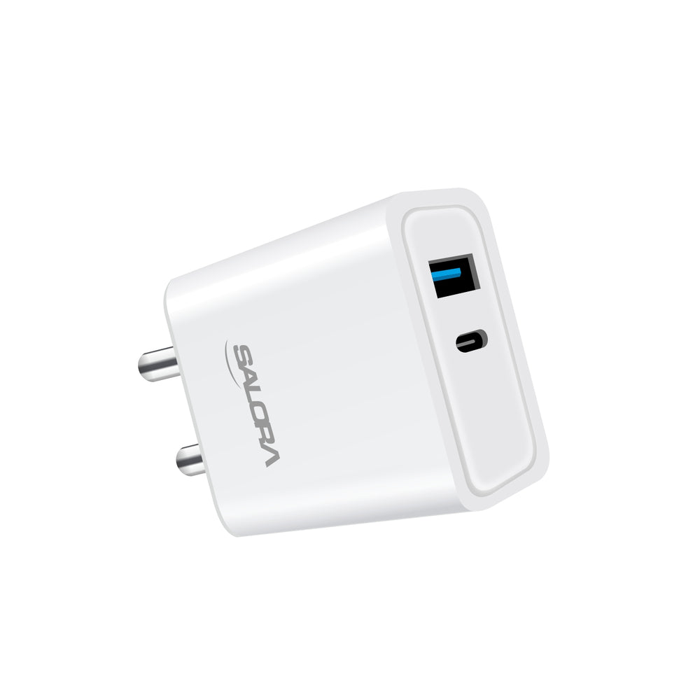 SALORA SSC-108, QC 3.0 + PD 20W, Dual Port USB A & C Adapter, Support All iOS & Android Devices
